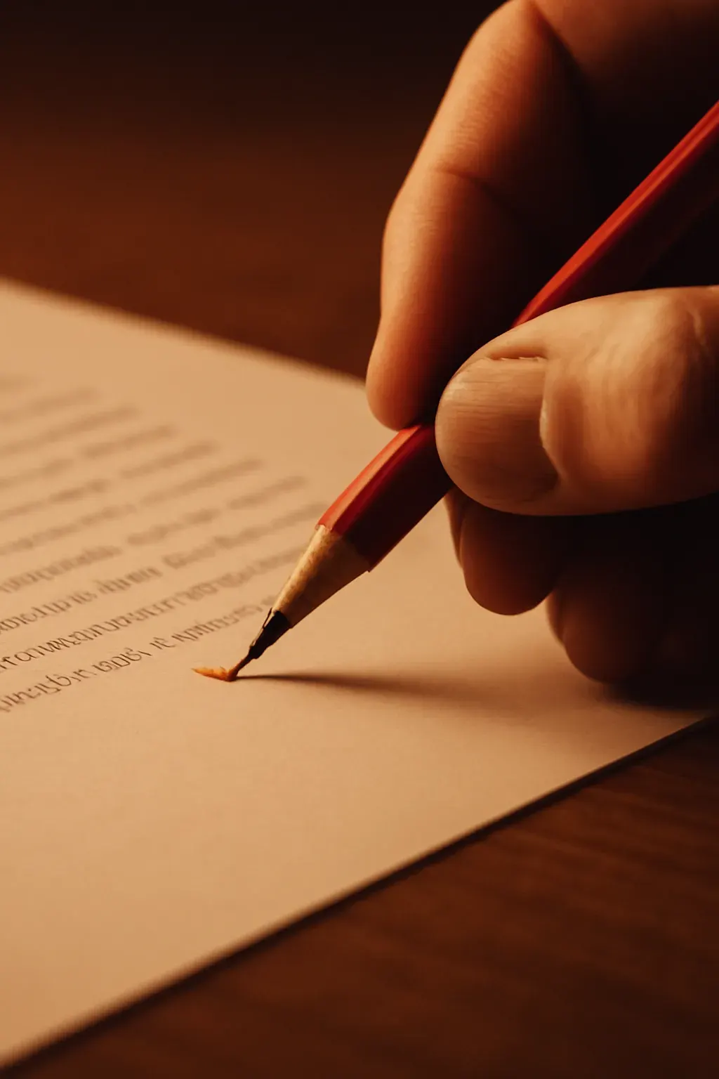 A hand mid-annotation on a manuscript page, a caret mark freshly drawn in red pencil.